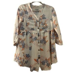 OLIVACEOUS buttoned tunic top, crinkled cotton blend, button up sleeves, lined